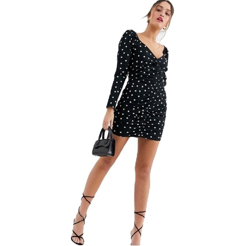 ASOS DESIGN Mini Sz 0 Black Polka Dot Ruched Long Sleeve‎